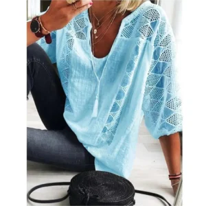 Women's Classic V-Neck Lace Cropped Sleeve T Shirt
